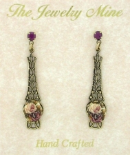 1928 Style Victorian Linear Filigree Earrings - 2 Roses