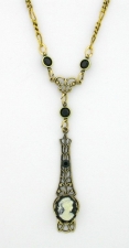 Victorian Style Linear Filigree Cameo Necklace - Jet