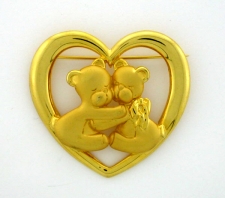 Hugging Bears Heart Brooch Pin - Gold Plated -  'JJ' Artifacts